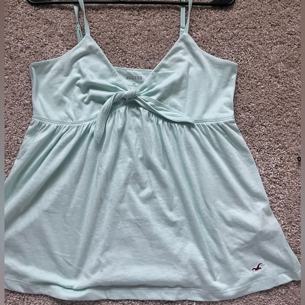 Hollister Aqua/Teal Tie-Front Spaghetti Strap Babydoll Top with Hollister Bird